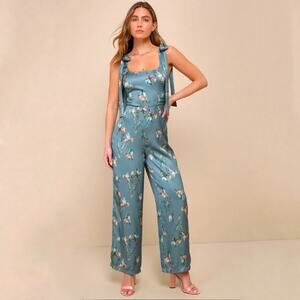 Lulu's Women’s Gorgeous Stance Teal Green Floral Satin Wide-Leg Jumpsuit Small